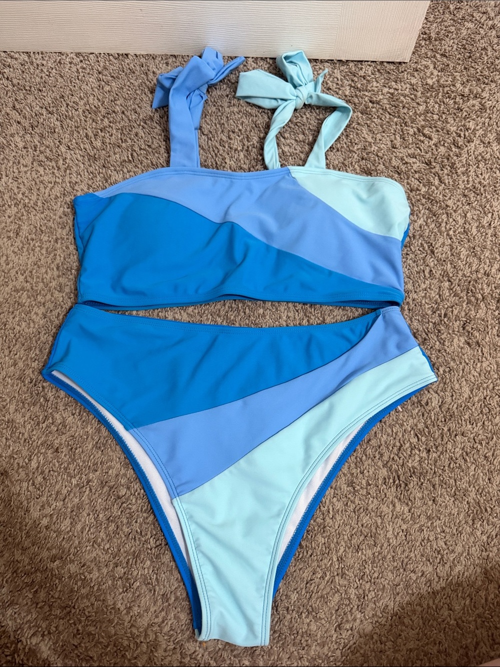 Shein Blue Colorblock Shoulder Tie High Rise Two Piece Bikini Swimsuit Large